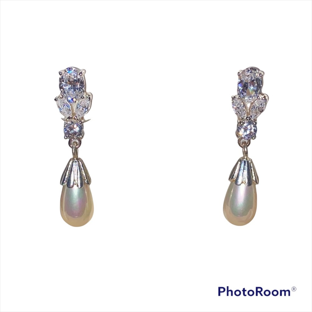 Vintage Silver Dangle Rhinestone & Faux Pearl Earrings